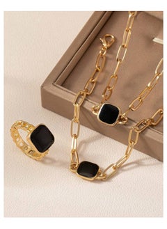 Generic Retro Fashion Jewelry Set for Women - Black Square Necklace, Bracelet, and Ring - Vintage-Inspired Accessories  - Image 4