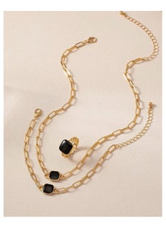 Generic Retro Fashion Jewelry Set for Women - Black Square Necklace, Bracelet, and Ring - Vintage-Inspired Accessories  - Image 3