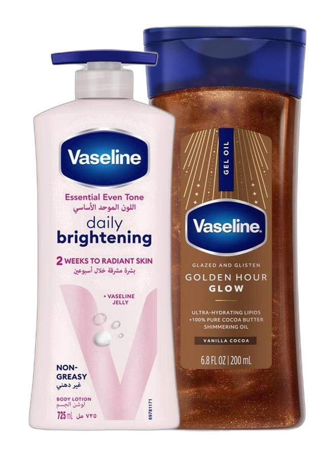 Vaseline Healthy Bright Body Lotion 400ml – Daily Brightening Moisturizer with Sunscreen for Dry Skin, Non-Greasy Hydration for Men & Women & Vaseline Glazed & Glisten Golden Hour Body Gel Oil 200ml | Vanilla Cocoa Glow | Shimmering Body Oil | With Ultra-Hydrating Lipids & 100% Pure Cocoa Butter Bundle - Image 1