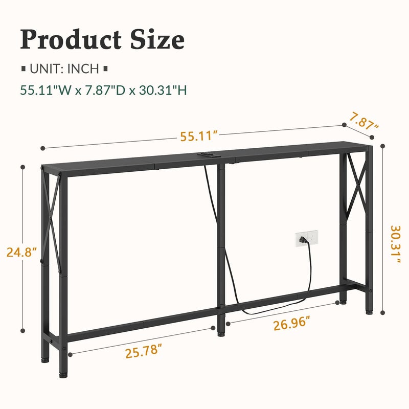 Gewudraw 55.1" Narrow Sofa Table, Console Table with Oulets & USB Ports, Entryway Table, Industrial Couch Table for Hallway, Living Room, Bedroom, 6.5 Feet Power Cord,Black - Image 2