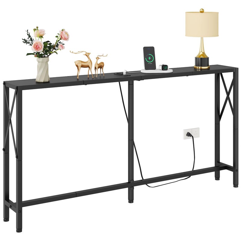 Gewudraw 55.1" Narrow Sofa Table, Console Table with Oulets & USB Ports, Entryway Table, Industrial Couch Table for Hallway, Living Room, Bedroom, 6.5 Feet Power Cord,Black - Image 1