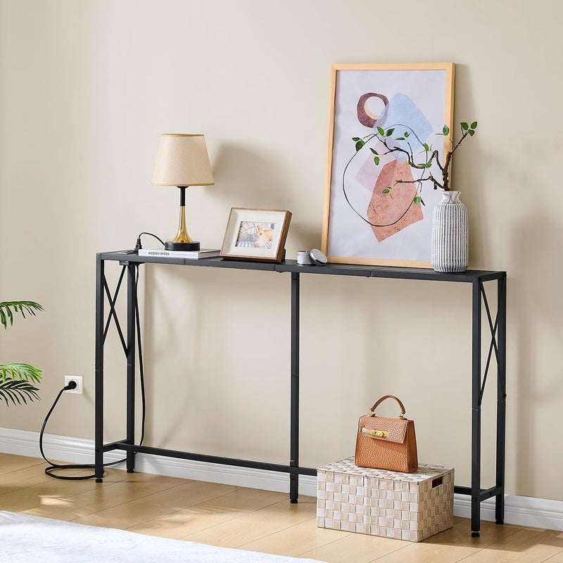 Gewudraw 55.1" Narrow Sofa Table, Console Table with Oulets & USB Ports, Entryway Table, Industrial Couch Table for Hallway, Living Room, Bedroom, 6.5 Feet Power Cord,Black - Image 3