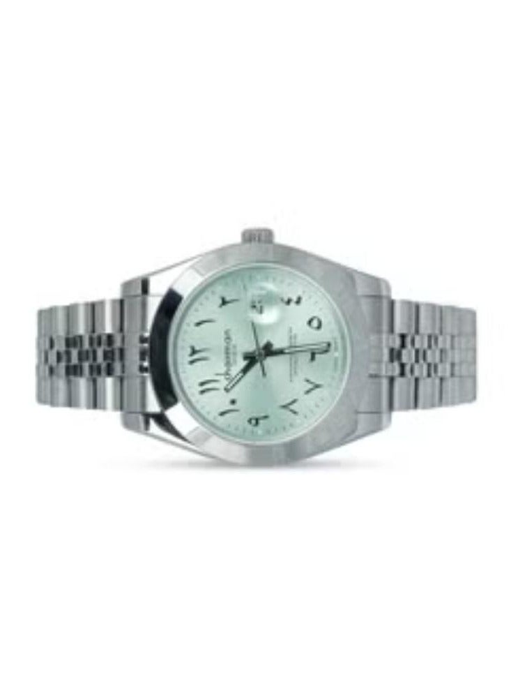 Men's Silver Stainless Steel Wrist Watch with Mint Green Dial and Arabic Numbers - Image 2