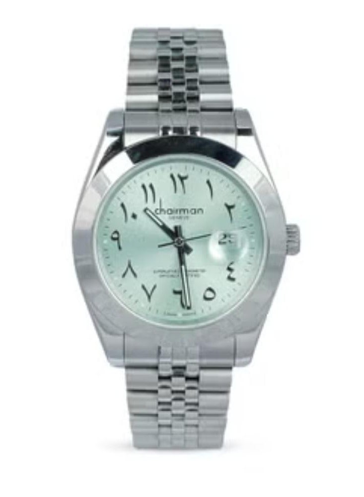 Men's Silver Stainless Steel Wrist Watch with Mint Green Dial and Arabic Numbers - Image 1