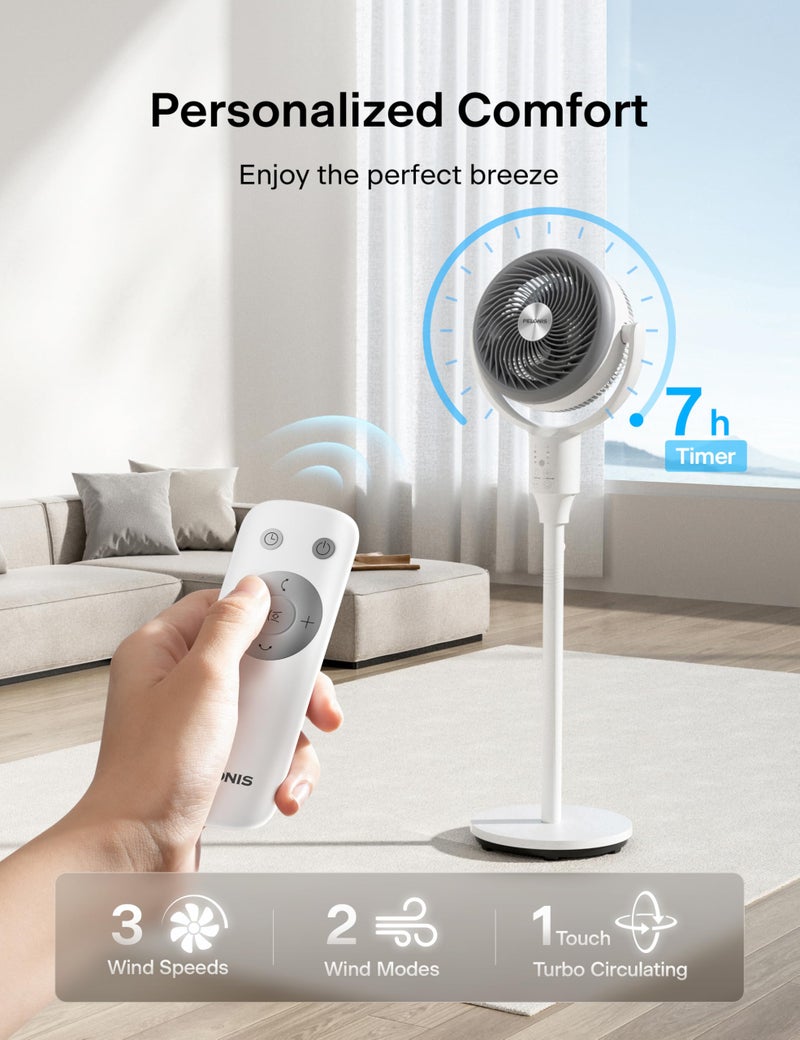 PELONIS Pedestal Fan, Air Circulator, Ultra OmniFlow (135Â°+90Â°Auto Oscillation), Quiet Floor Fan with 3 Speeds, Remote, 7H Timer, Memory Function, Adjustable Height, Standing Fan for Bedroom - Image 5