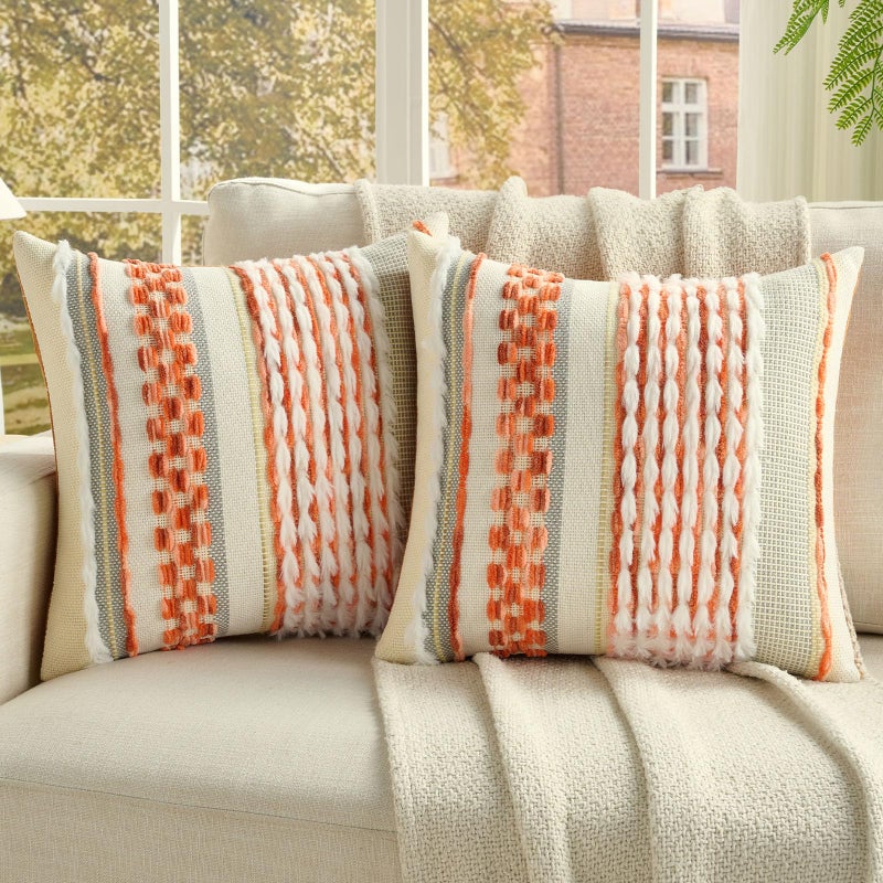FUTEI Pack of 2 Boho Chenille Decorative Throw Pillow Covers 18x18 Inch Soft Plush Tufted Striped Textured Cushion CaseFarmhouse Accent for Couch Bed Living Room Orange - Image 2