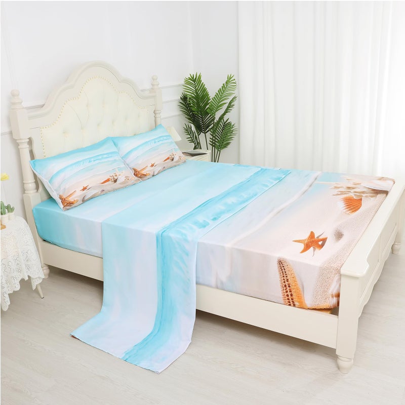 Beach Bed Sheets Set Twin Fitted Sheets Coastal Nature Theme Pattern Teal Flat Sheet Boys Girls Hawaiian Top Sheet Starfish Sheet Set 1 Pillowcase Blue Room Decor