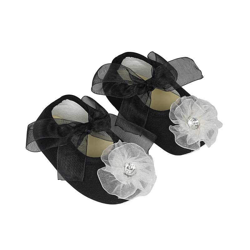 Rsmart Infant New Baby Toddlers Boys and Girls Cotton Black Sandal Ribbon Booties With White Flower Patch [RSM_21] - Image 1