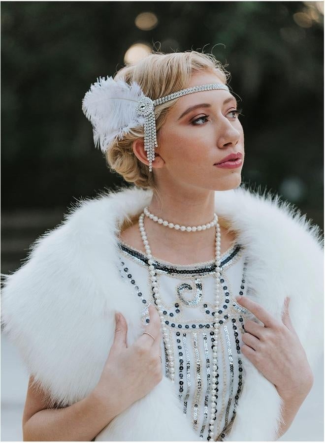 1920s Flapper Headband, Great Gatsby Inspired Feather Headpiece 20s Art Deco Hair Accessories Headband Party Rhinestone for Women, Ivory - Image 2