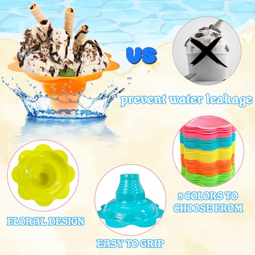 Haawooky 200Pcs 4oz Snow Cone Cups with Spoon Straws,Flower Shaped Ice Cream Snacks Cup,Colorful Reusable Plastic Bowls Easy Grip for Kids Holiday Summer Beach Party Birthday - Image 4