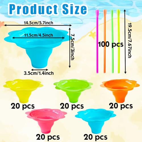 Haawooky 200Pcs 4oz Snow Cone Cups with Spoon Straws,Flower Shaped Ice Cream Snacks Cup,Colorful Reusable Plastic Bowls Easy Grip for Kids Holiday Summer Beach Party Birthday - Image 2