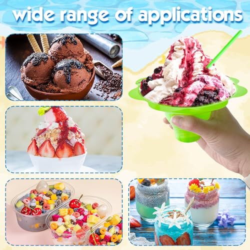 Haawooky 200Pcs 4oz Snow Cone Cups with Spoon Straws,Flower Shaped Ice Cream Snacks Cup,Colorful Reusable Plastic Bowls Easy Grip for Kids Holiday Summer Beach Party Birthday - Image 3