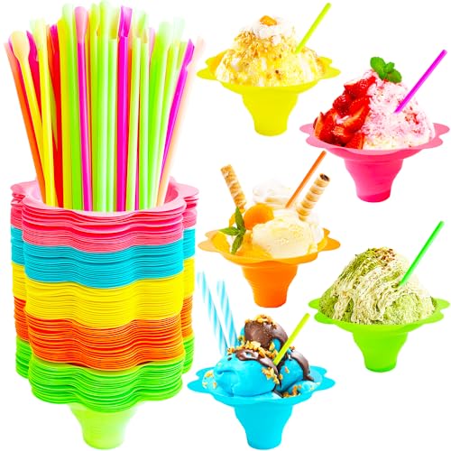 Haawooky 200Pcs 4oz Snow Cone Cups with Spoon Straws,Flower Shaped Ice Cream Snacks Cup,Colorful Reusable Plastic Bowls Easy Grip for Kids Holiday Summer Beach Party Birthday - Image 1