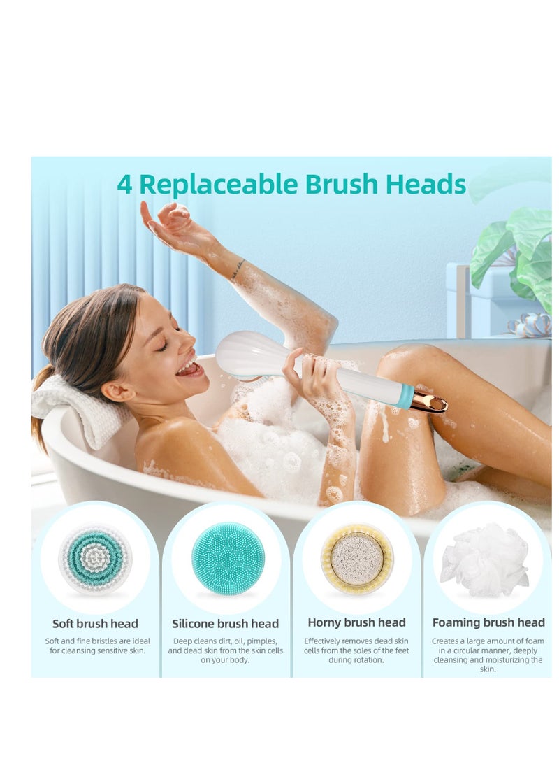 SYOSI Electric Body Brush, Rechargeable Electric Body Scrubber with Long Handle, Waterproof Facial Body Exfoliating Brush Kit with 4 Brush Heads for Cleansing, Massage, Care Your Skin in The Shower - Image 2