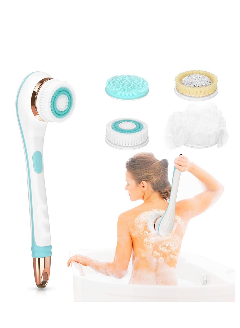 SYOSI Electric Body Brush, Rechargeable Electric Body Scrubber with Long Handle, Waterproof Facial Body Exfoliating Brush Kit with 4 Brush Heads for Cleansing, Massage, Care Your Skin in The Shower - Image 1