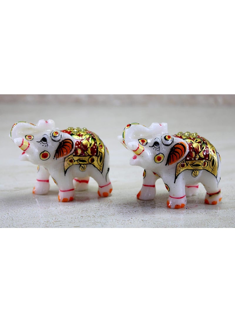 ESPLANADE ESPLANADE Marble Elephant Family Set of 2 Sculpture Showpiece Figurines Home Decor White Multi 3 Inches Small  - Image 2