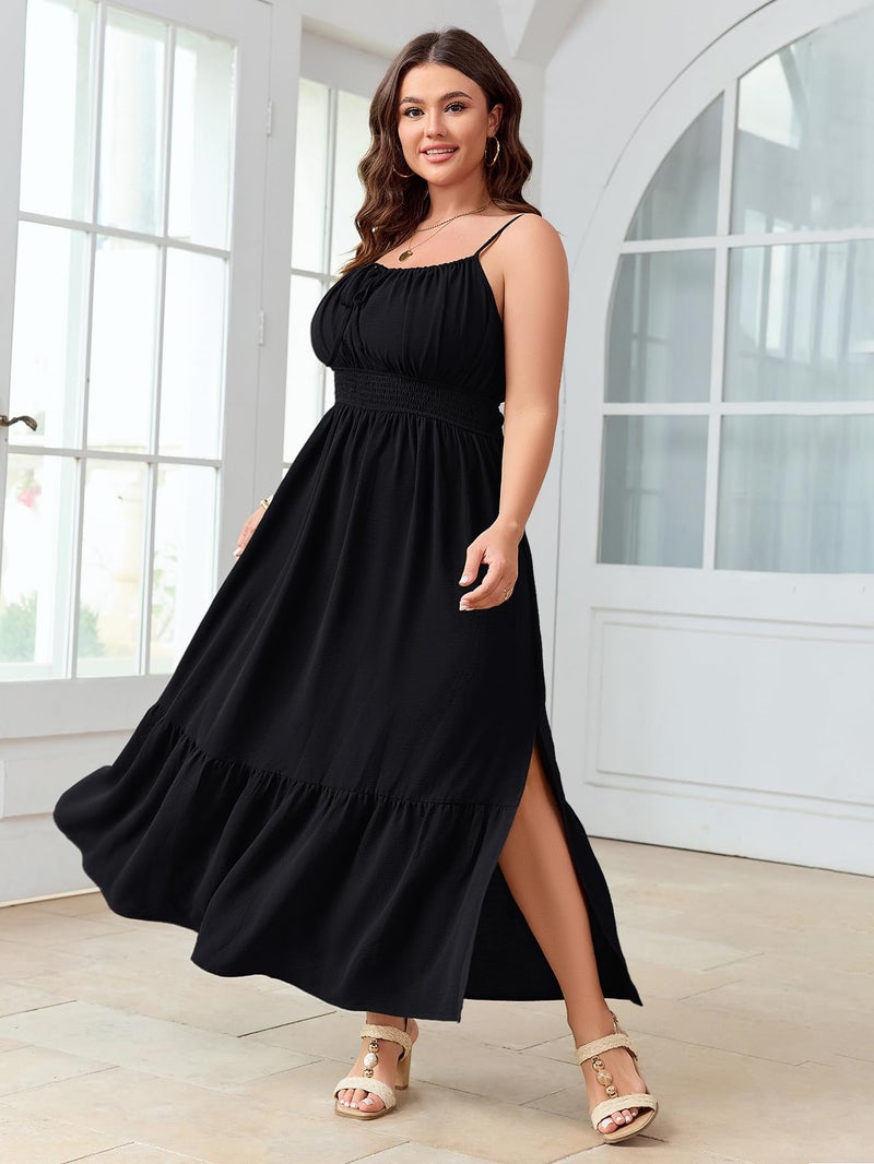 SCOMCHIC Plus Size Summer Boho Dresses Spaghetti Strap Sleeveless Casual Sundress Smocked Flowy Slit Beach Maxi Dress Black - Image 5