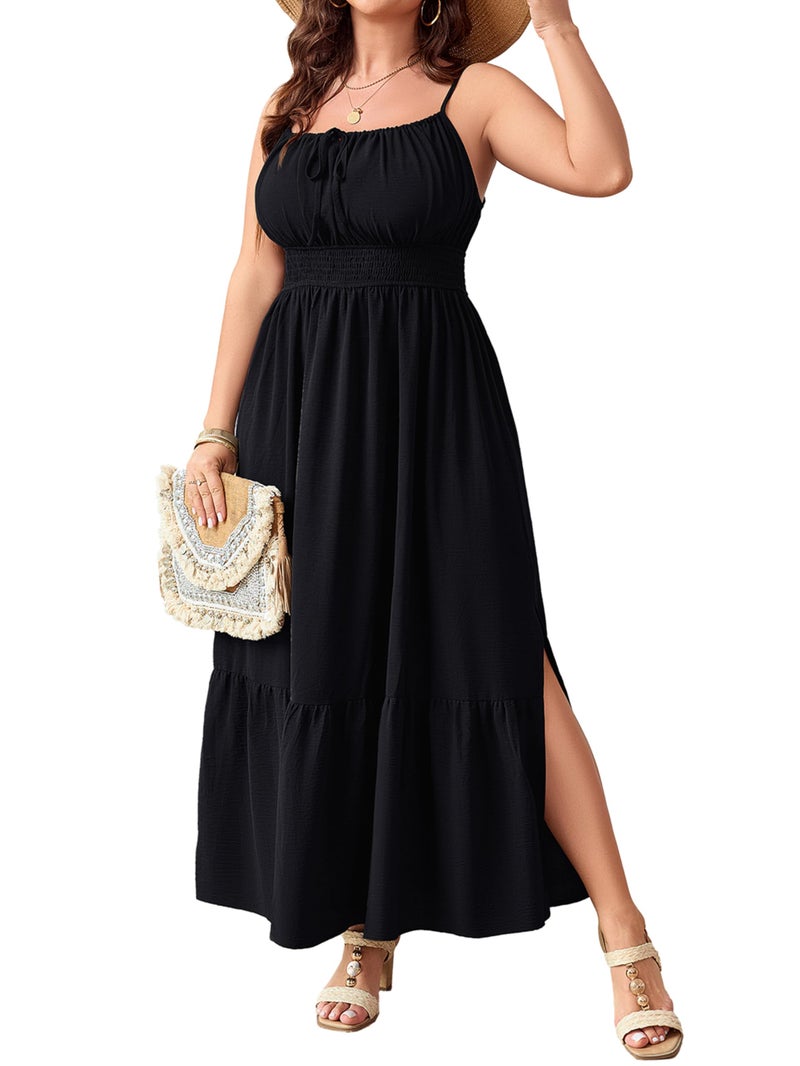 SCOMCHIC Plus Size Summer Boho Dresses Spaghetti Strap Sleeveless Casual Sundress Smocked Flowy Slit Beach Maxi Dress Black - Image 1