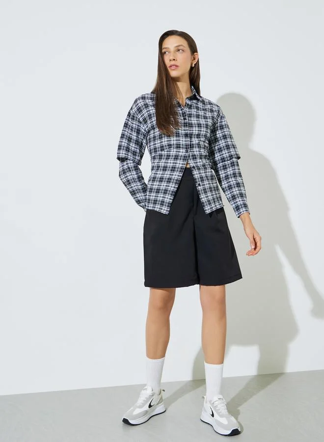 ستايلي Black Checkered Shirt with Layered Sleeves