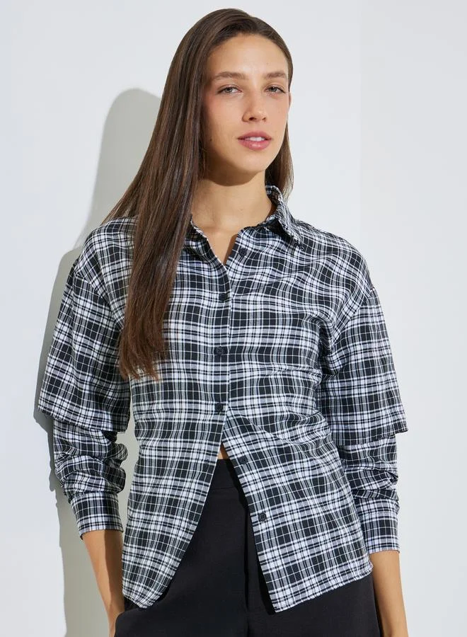 ستايلي Black Checkered Shirt with Layered Sleeves