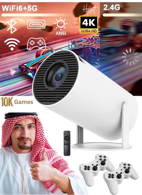 4K Projector with Gaming Console 2 in 1 Gaming Projector 64GB Retro 10000 Classic Game 1080P Portable Smart Projector WiFi 6 BT 5.0 Compatible With Android iOS TV Box HDMI USB PS4 Game Controller