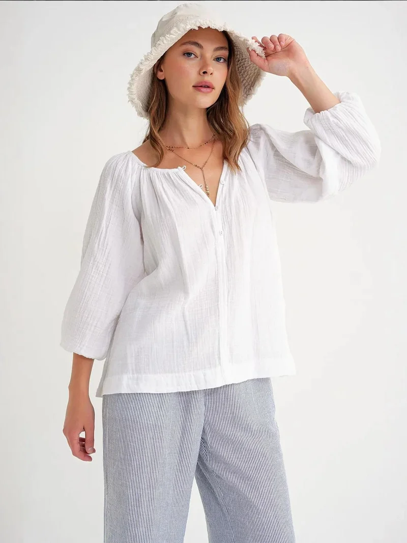 Mixray White Mixray Buttoned Muslin Blouse for Women | Best Price UAE