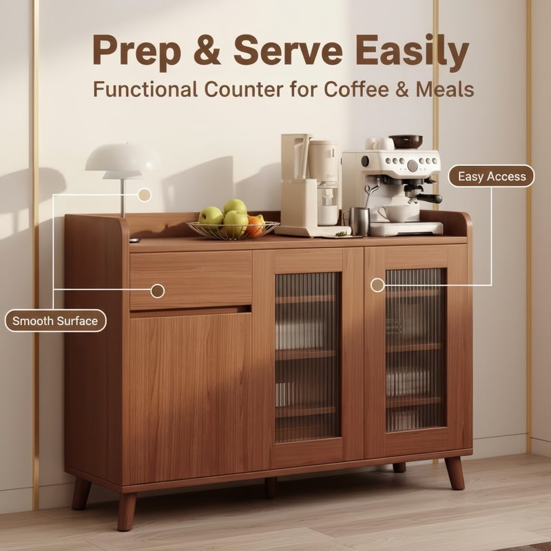 شاربدو الحديثة الجوز الخشب الجانبية بوفيه مجلس الوزراء مع التخزين، 3 باب لوحة الزجاج القهوة بار مجلس الوزراء لغرفة المعيشة والمطبخ وغرفة الطعام - Image 3