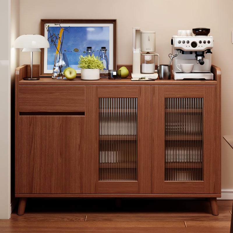 شاربدو الحديثة الجوز الخشب الجانبية بوفيه مجلس الوزراء مع التخزين، 3 باب لوحة الزجاج القهوة بار مجلس الوزراء لغرفة المعيشة والمطبخ وغرفة الطعام - Image 1