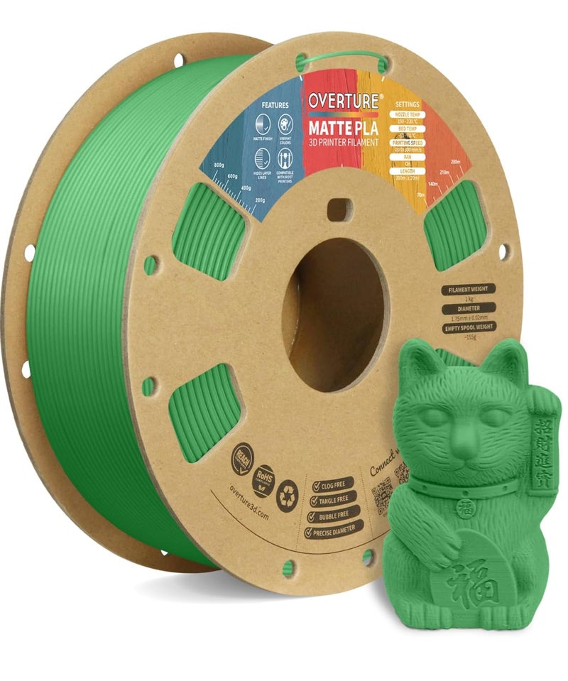OVERTURE Matte PLA 3D Printer Filament 1.75mm, Matt Surface & Low Warping Filament 1kg Spool (2.2 lbs), Accuracy +/- 0.02 mm, Fit Most FDM Printers (Matte Green) - Image 1