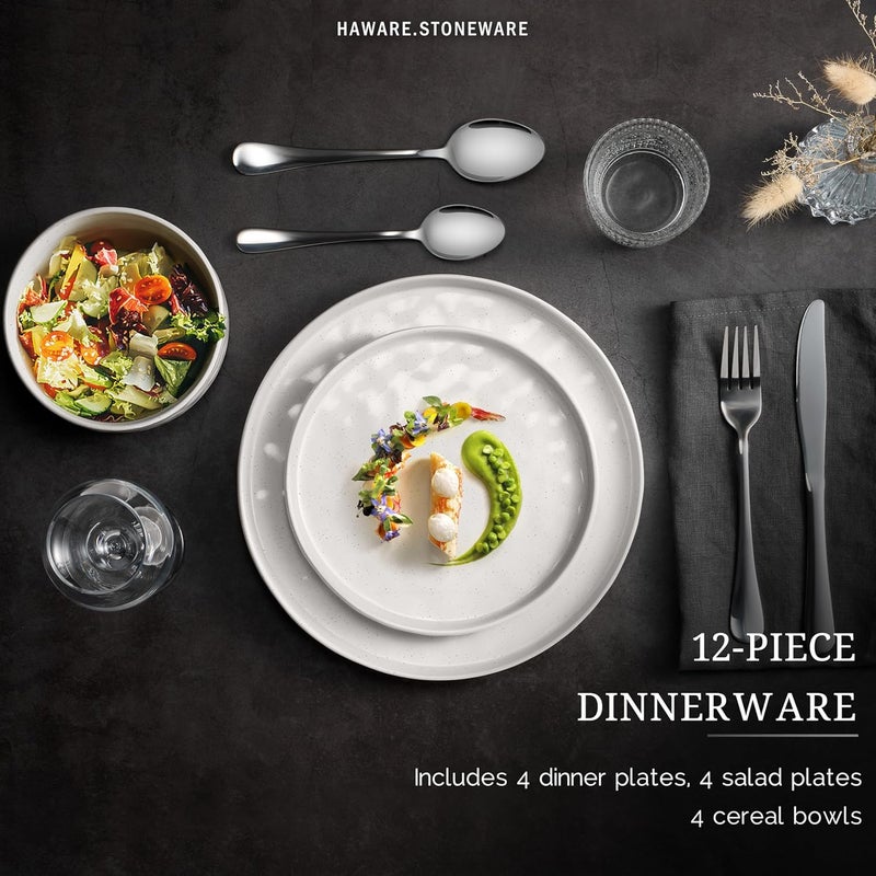 HaWare Dinnerware Sets 12Piece Plates and Bowls Set Stoneware Dish Set for 4 Ceramic Dinnerware for Home Restaurant Chip and Scratch Resistant Microwave and Dishwasher Safe Speckled White - Image 3