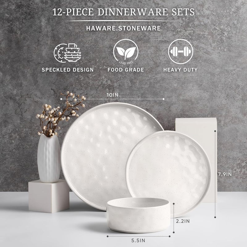 HaWare Dinnerware Sets 12Piece Plates and Bowls Set Stoneware Dish Set for 4 Ceramic Dinnerware for Home Restaurant Chip and Scratch Resistant Microwave and Dishwasher Safe Speckled White - Image 2