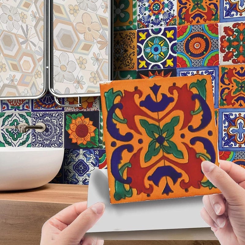 إكسفور ملصقات بلاط 24 قطعة - ديكور جدران PVC مقاوم للماء للحمام والمطبخ، ملصقات نمط الفسيفساء القديم ثنائي الأبعاد، مقاس 4x4 بوصة، ذاتية اللصق وقابلة للإزالة للزينة المنزلية - Image 4