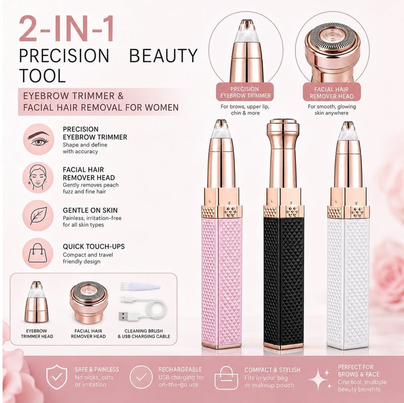 BLAWLESS Eyebrow Trimmer & Facial Hair Removal for Women, 2 in 1 Eyebrow Razor and Hair Remover, Rechargeable Painless Razors for Face Peach Fuzz, Eyebrow, Lips, Body, Chin, Arms, with Built in LED Light - Image 2