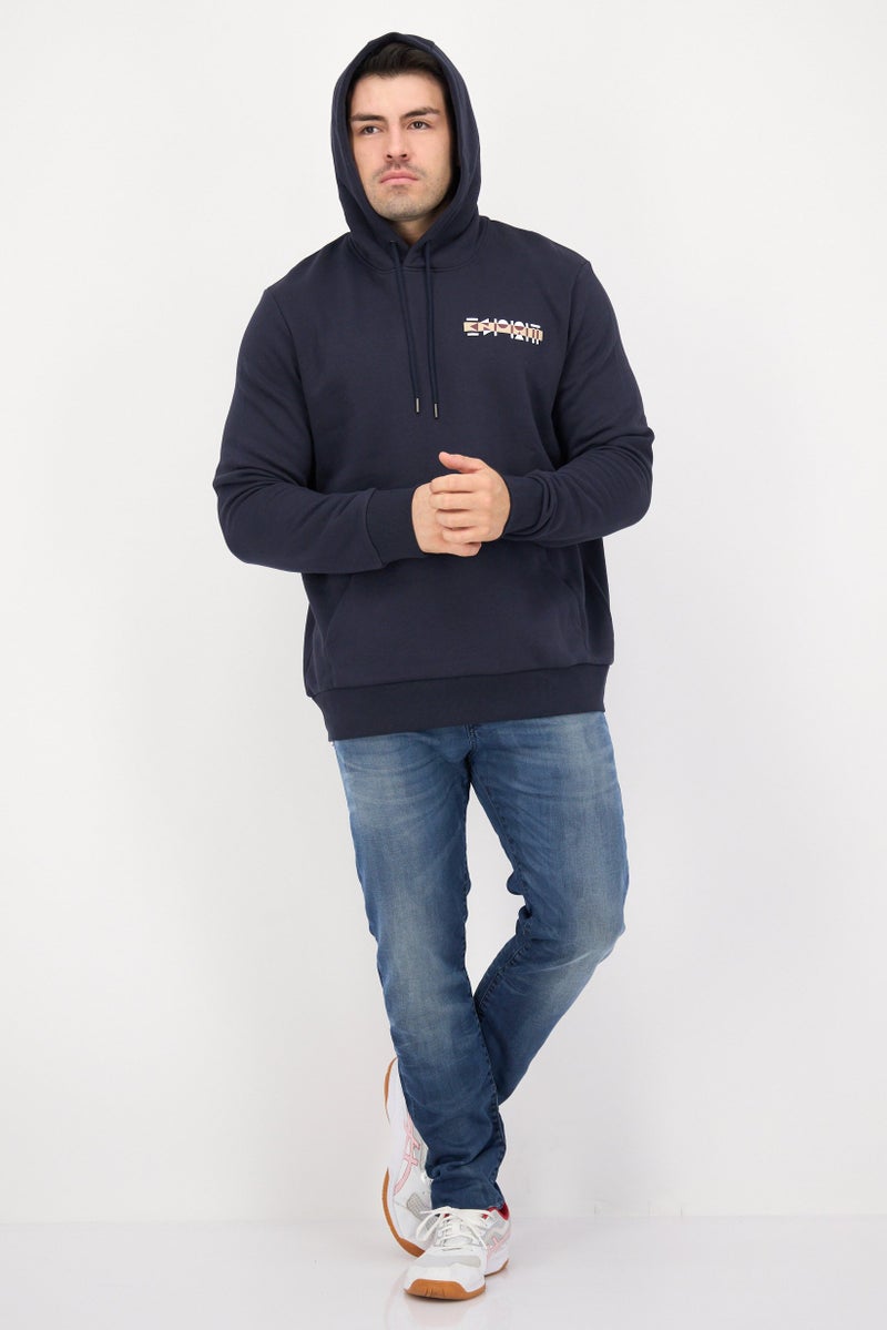 ESPRIT Men Hood With Drawstring Long Sleeve Graphic Print Sweatshirts, Navy - Image 4