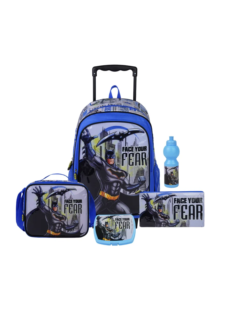 وارنر بروس. Warner Bros. Batman 5-in-1 Kids Trolley School Set 18" | Rolling Backpack, Lunch Bag, Lunch Box, Water Bottle & Pencil Case  | Water Resistant  | Boys School Bag