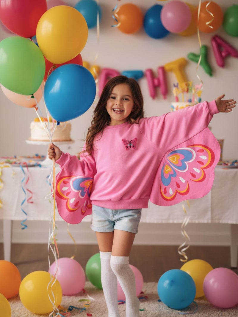 WELAKEN Toddler Girls Butterfly Wing Sleeve Sweatshirt - Cotton Crewneck Pullover for Little Kids Hot Pink - Image 5
