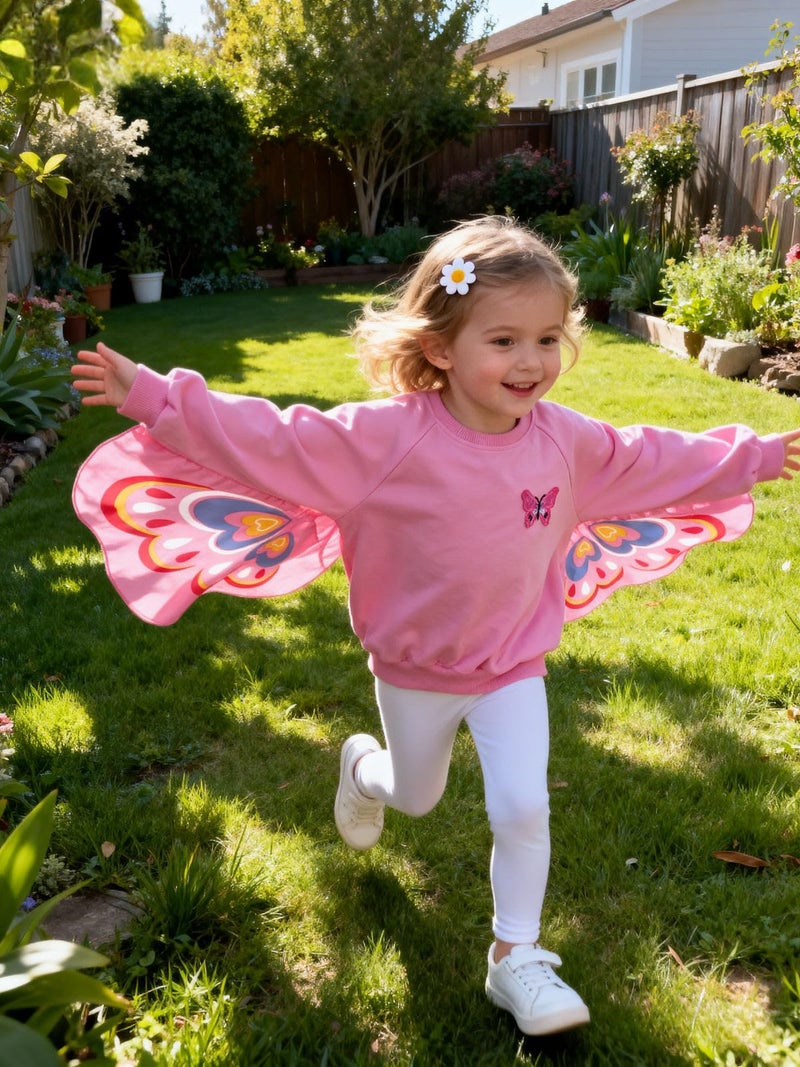 WELAKEN Toddler Girls Butterfly Wing Sleeve Sweatshirt - Cotton Crewneck Pullover for Little Kids Hot Pink - Image 2