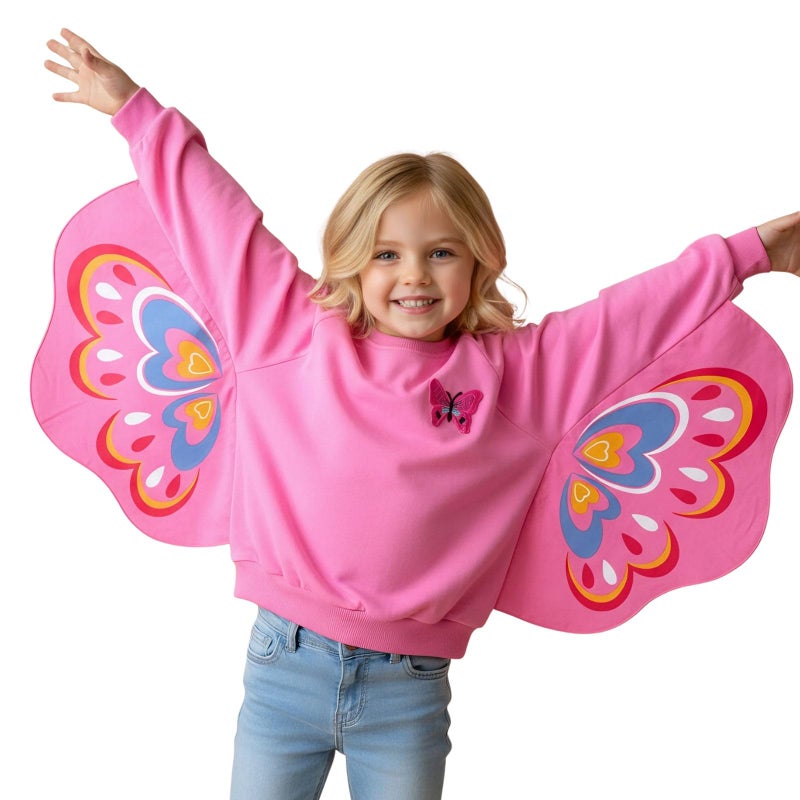 WELAKEN Toddler Girls Butterfly Wing Sleeve Sweatshirt - Cotton Crewneck Pullover for Little Kids Hot Pink - Image 1