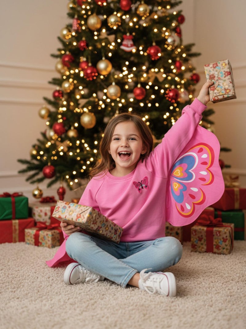 WELAKEN Toddler Girls Butterfly Wing Sleeve Sweatshirt - Cotton Crewneck Pullover for Little Kids Hot Pink - Image 4