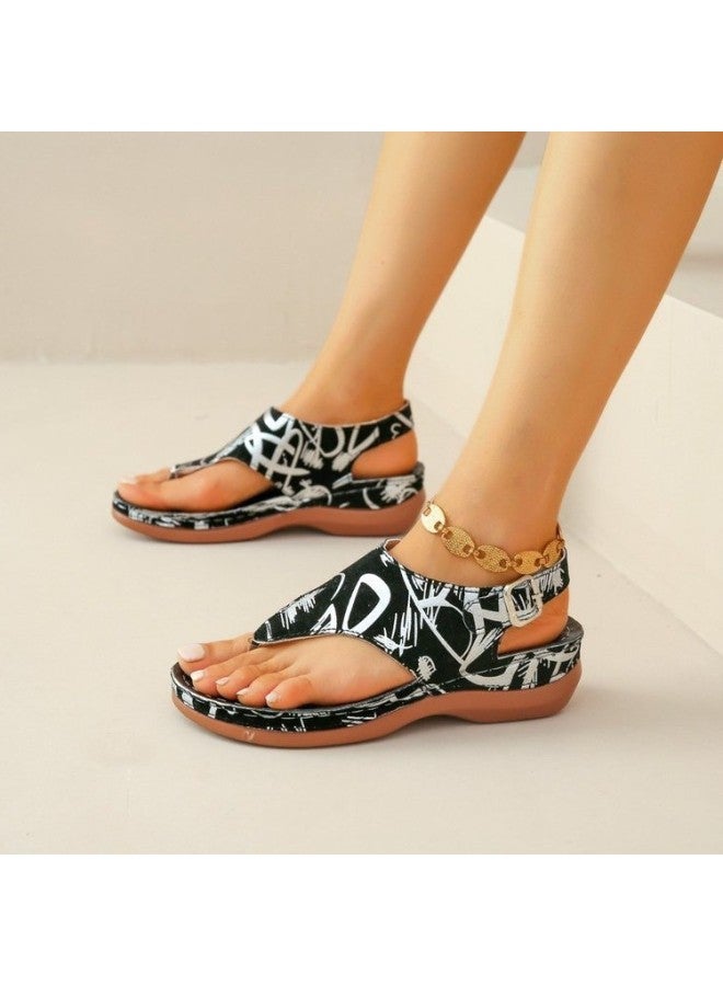 Large Size Women's Herringbone Sandals 5 Ethnic Style Embroidered Floral Back Strap Wedge Sandals For Women