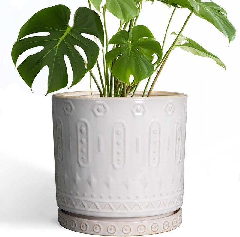 Eightpot Ceramic Planter Pot - 10 Inch Plant Pot for Indoor Outdoor Plants Round Large Flower Pot with Drainage Holes and Saucer for Home Garden Patio Decor White - Image 1