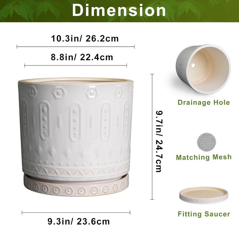 Eightpot Ceramic Planter Pot - 10 Inch Plant Pot for Indoor Outdoor Plants Round Large Flower Pot with Drainage Holes and Saucer for Home Garden Patio Decor White - Image 4