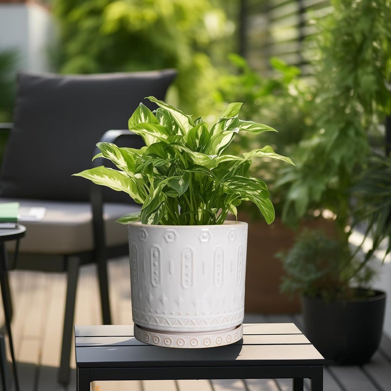 Eightpot Ceramic Planter Pot - 10 Inch Plant Pot for Indoor Outdoor Plants Round Large Flower Pot with Drainage Holes and Saucer for Home Garden Patio Decor White - Image 2