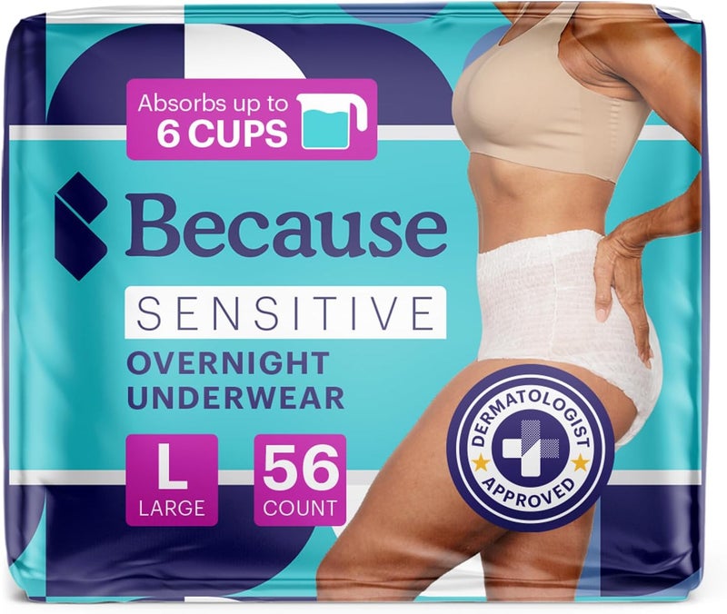 because Adult Incontinence Underwear for Sensitive Skin Women Premium Overnight Disposable Briefs Anti Odor White Large Absorbs 6 Cups 56 Count 4 Packs of 14 - Image 1
