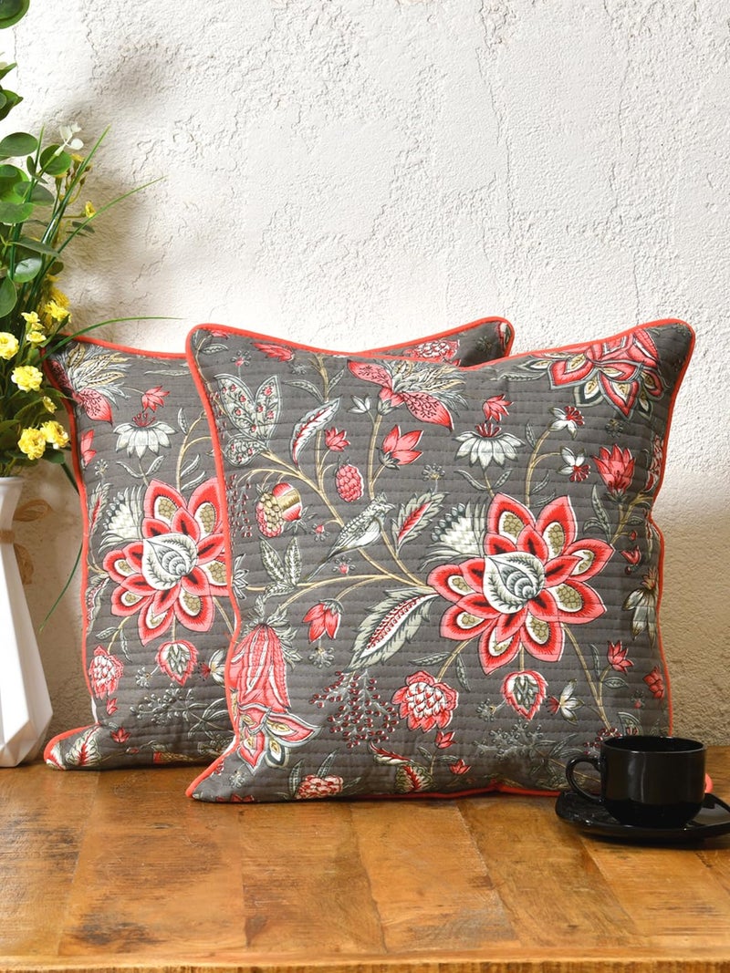 Clasiko Cotton 300 TC Cushion Covers Set of 2; 18X18 Inches; Pink Flowers - Image 1