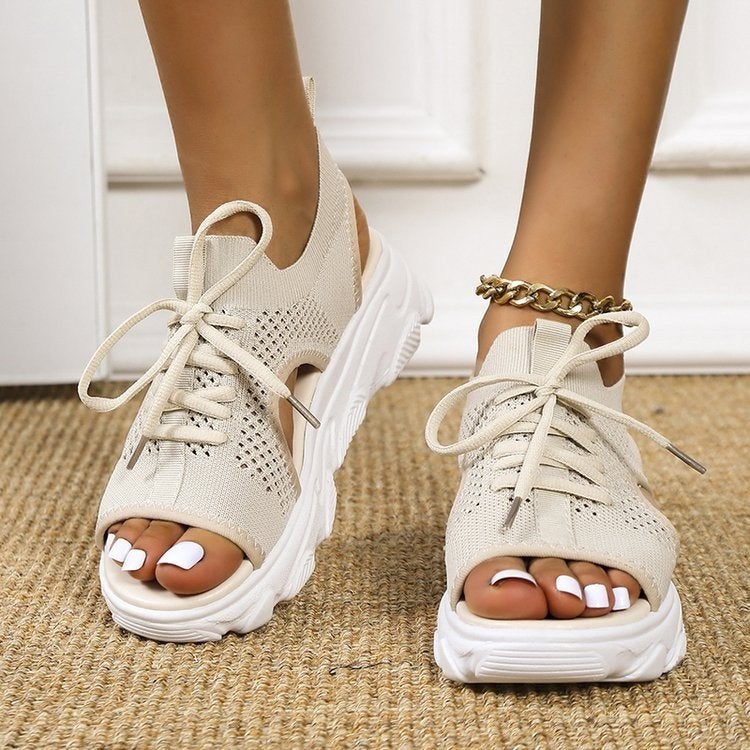 Cross-border foreign trade large size 2022 spring new fashion casual hollow hollow heel mesh women's sports style platform sandals black 35 - Image 2