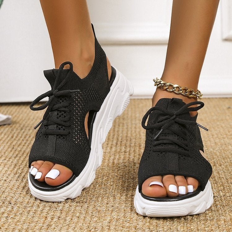 Cross-border foreign trade large size 2022 spring new fashion casual hollow hollow heel mesh women's sports style platform sandals black 35 - Image 4