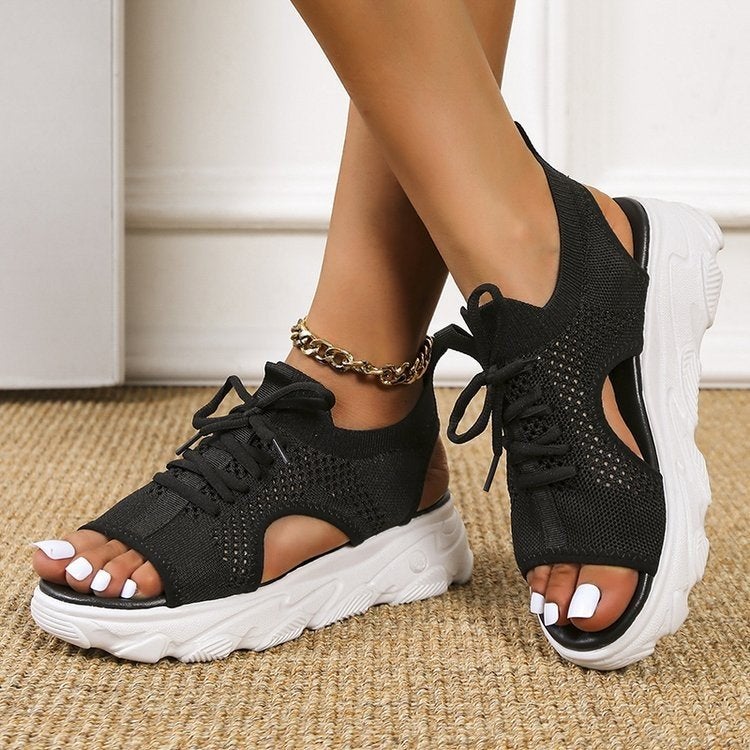 Cross-border foreign trade large size 2022 spring new fashion casual hollow hollow heel mesh women's sports style platform sandals black 35 - Image 1