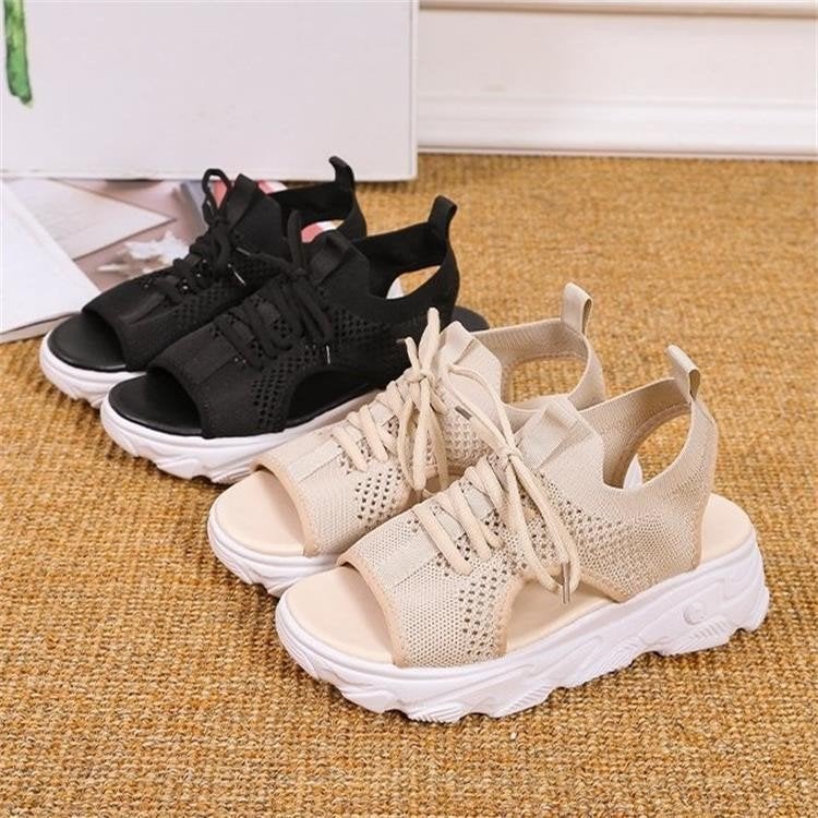 Cross-border foreign trade large size 2022 spring new fashion casual hollow hollow heel mesh women's sports style platform sandals black 35 - Image 5