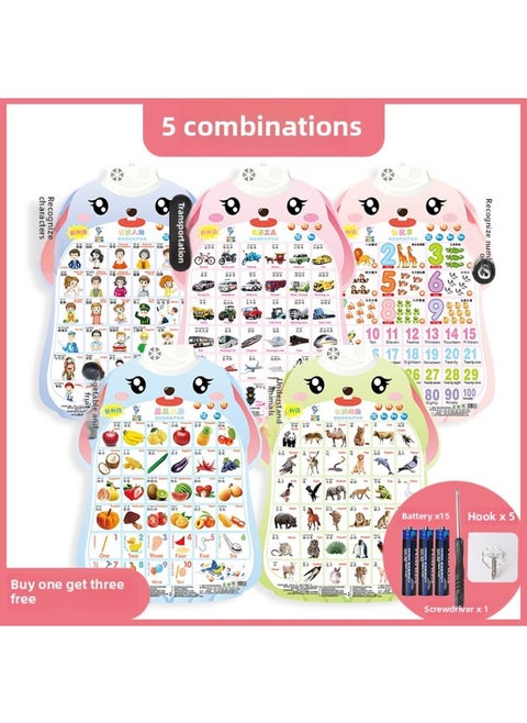 1 To 100 Digital Wall Chart Baby Literacy Voice Children's Card Early Education Enlightenment Board Learning Teaching Aids-Color:[recommended For 0-2 Years Old] Rabbit Fruits And Vegetables + Animals + Characters + Transportation + Recognizing Numbers 5 Pictures